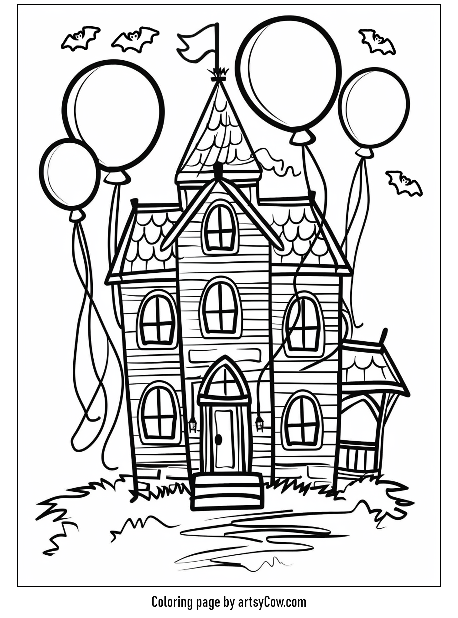 free halloween coloring pages for kids and adults, featuring a haunted house with balloons, surrounded by silhouetted bats, under a cloud-streaked sky.
